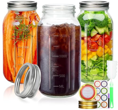 Encheng 64 oz Wide Mouth Mason Jars, Large Half Gallon Mason Jar with Lid and Band, 2 Quart Glass Canning Jars for Pickling, Preserving, Fermenting, Beverages, DIY Crafts, 3 Pack