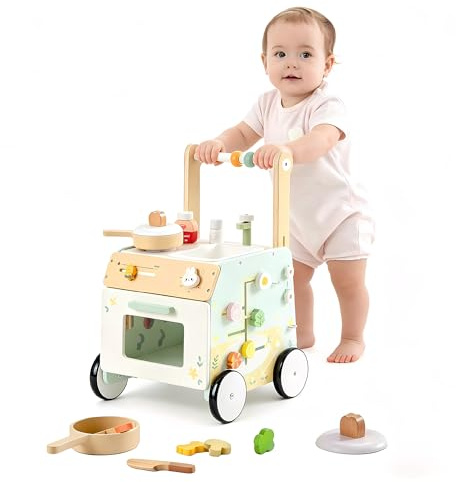 ROBUD Hölzerne Lauflernhilfe, verstellbar mit sensorischem Spiel 10M–36M | Sensorisches Spiel, Aufbewahrungskorb, Höhen- und Geschwindigkeitsregulierung mit Bogenbeinen als Geschenk für Kleinkinder