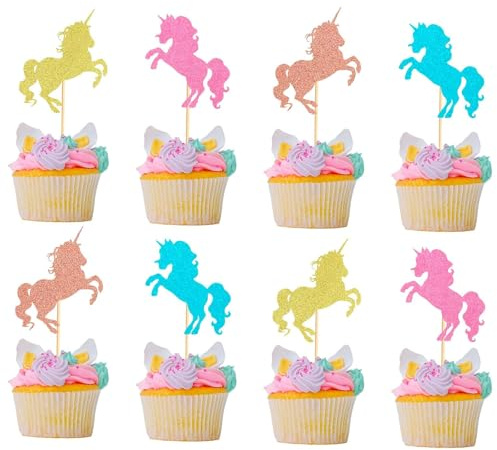 DazzJoy 24 Stück Bunte Glitter Einhorn Tortendeko Geburtstag, Einhorn Muffin Deko, Einhorn Kuchen Deko Kindergeburtstag Mädchen, Unicorn Torten Deko für Babyparty, Einhorn Party Dekoration