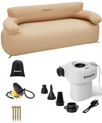 KingCamp Double Inflatable Couch with Electric Air Pump, 2-Person Camping Sofa with Eco PVC Liner, Footrest, Pegs, Repair Kit & Quick-Fill Pump for Outdoor, Tent, Travel