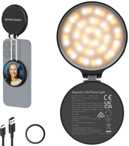 NEEWER Basics NL48R - Luz LED magnética para selfie compatible con iPhone MagSafe, soporte de mesa para teléfono con espejo de maquillaje, 1160 lx/0,2 m, 900 mAh, CRI95, luz de vídeo para streaming de