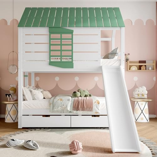 Lexiou Letto a castello con scivolo e 2 cassetti, 90 x 200 cm, bianco e verde (90 x 200 cm (con 2 cassetti)