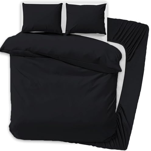 PRIME LINENS 4 Pcs Duvet Cover Set with Matching Fitted Sheet 30 cm Deep - Soft Breathable Premium Microfibre Quilt Cover Bedding Set (Black, Double)