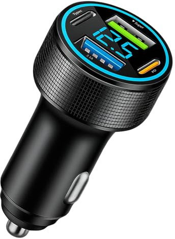 78W 4 Port Dual USB C Car Phone Charger,Metal Car USB Charger With Voltmeter,USB C Car Charger Adapter,Car Phone Cigarette Lighter for iPhone 16/15/14/13/12, Samsung Galaxy, iPad
