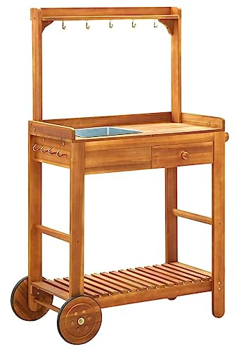 EMYRLXQW Carrelli da cucina e da pranzo - Carrello da cucina da giardino in legno massello di acacia 92 x 43,5 x 141,5 cm