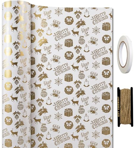 HaloCasa Geschenkpapier Weihnachten Set - 1 Rolle Metallic Weihnachtspapier in Weiß & Gold mit Ornament-Motiv (43cm x 15m) mit Juteband & Klebeband - für Adventskalender & Geschenkverpackung