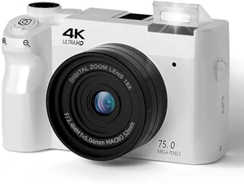 Zoomix Digital Camera, Cámara Digital 4K De 75 MP, Cámara Compacta con Zoom Digital De 18X, Pantalla LCD De 3 Pulgadas Y Cámaras Duales Delantera Y Trasera(White+32G)