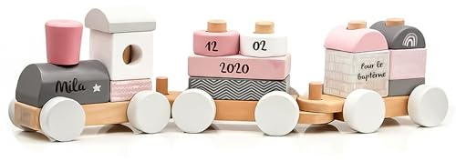 Personalisierbarer Holz-Stapelzug Rosa – Zur Taufe – Fördert die Feinmotorik und das Formenlernen – Für Kinder ab 18 Monaten – Mit Namen & Taufdatum personalisierbar – Label Label