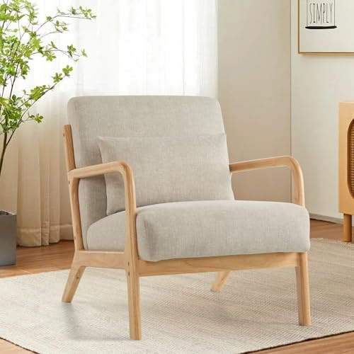 Aunekiv Lounge-Sessel, Akzentstuhl mit Kissen, Polstersessel mit Holzrahmen & Armlehnen, Moderner Lesesessel für Wohnzimmer, Schlafzimmer, Leseecke & Büro (81.5 x 63.5 x 74.5 cm, Grau)