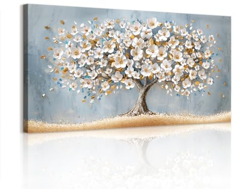 WENGTIAO Blüte Lebensbaum Große Leinwand Bilder Kunstdrucke Gerahmt | Aesthetic Weiß Gold Blühender Blumenbaum Gemälde auf Leinwand für Modern Wohnzimmer Schlafzimmer Wanddeko 100x50 cm