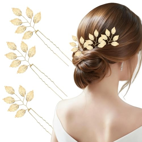 3-pack hårnålar med blad och blommor | Eleganta håraccessoarer för bröllop | Hårnålar för brud och brudtärna | Accessoarer för kvinnor vid bröllop, fest och vardag (Guld)