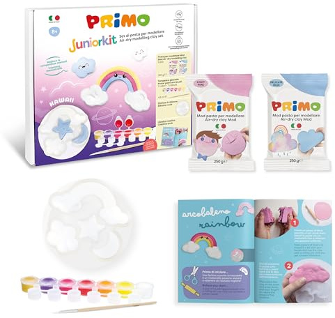 PRIMO Junior Kit - Pasta Modellabile Autoindurente Testata, Set 2 Panetti Simil Argilla da Modellare, Tempere 7 Colori per Bambini, 1 Pennello Pittura, 1 Formina e Libretto - Giochi Lavoretti Creativi