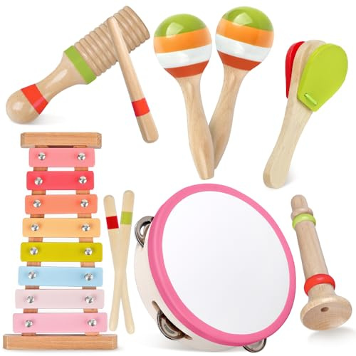 Gioco Montessori da 1 anno per bambine, Strumenti musicali in legno per bambini 1-3 anni | Set xilofono e percussioni 6 in 1, Regalo di Natale, nascosta e Pasqua per bambine (Rosa 6in1)