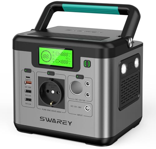 SWAREY Tragbare Powerstation S500, 518Wh Solargenerator | 500W(Spitze 1000W) AC Ausgang, PD 65W USB-C Anschluss, Kompakte Größe, für Outdoor Camping Wohnmobil Notfall
