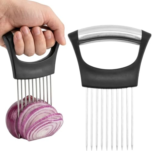 Stainless Steel Onion Holder with Prongs – Multi-Purpose Onion Slicer & Vegetable Cutter for Onions, Tomatoes, Potatoes, Avocados, Eggs & Meat – Kitchen Cutting Assistant Tool