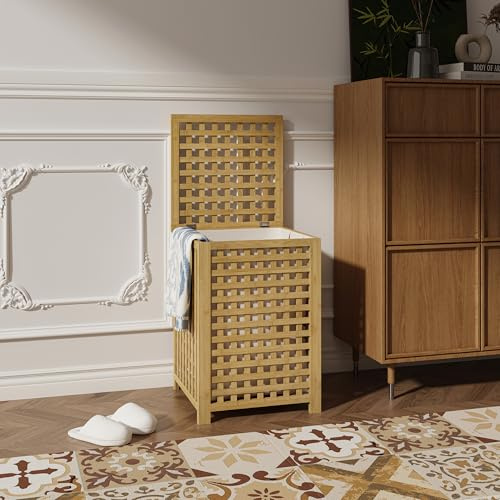 [en.casa] Wäschekorb Jystiand Wäschesammler 79 L mit Deckel und herausnehmbarem Wäschesack Wäschebox 62 x 45 x 45 cm Wäschetonne Gitteroptik Bambus Natur