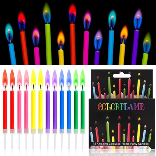 LFBEST 12 Stück Geburtstagskerzen Mit Bunter Flamme，Farbige Tortenkerzen | Kerzen Torte für Kuchen & Cupcakes, Ungiftig, mit Ständer, Bunte Kerzen für Kindergeburtstag, Erwachsene Geburtstag Deko