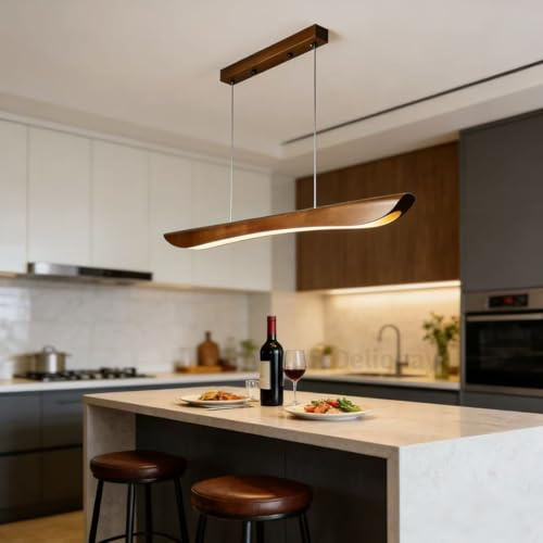 Holz LED Pendelleuchte esstisch Dimmbar Linear Design Hängeleuchte Esstisch lampe Lineare Hängelampe mit Fernbedienung Kronleuchter höhenverstellbar für Esszimmer Büro Küche (Nussbaumholz, 120cm)
