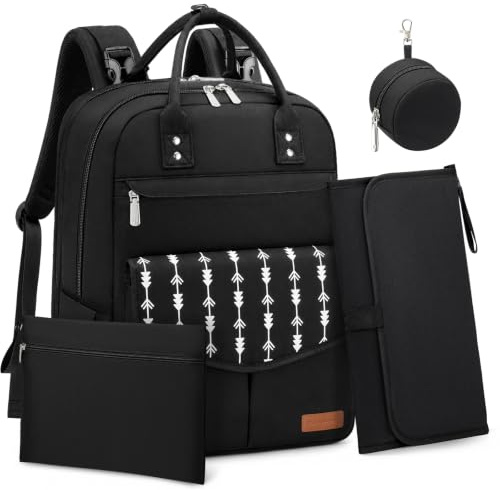 RAINSMORE Wickelrucksack Groß Baby Wickeltasche mit Wickelunterlage Schwarz | Wasserdichte Wickeltasche mit Schnullerbox, isolierten Flaschenfächern einhändigem Zugriff Kinderwagenbefestigung für Eltern