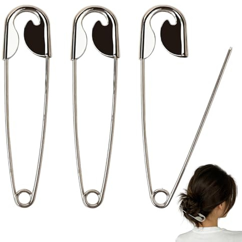 CSVZKIAY Spille da Balia Giganti 3 Pezzi in Metallo Argento con Scatola, Grandi Spille di Sicurezza per Vestiti, Gonne, Kilt, Coperte, Pannolini in Stoffa, Artigianato e Accessori DIY