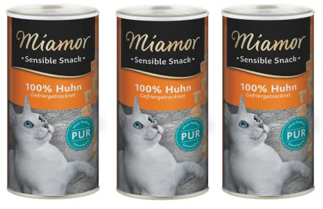 Sensible Snack Huhn Pur | Snack für Katzen | 3 x 30 g | Gefriergetrocknet | Miamor | Einzelfuttermittel | Monoprotein Huhn | Zur Ergänzung der täglichen Fütterung | Mit Lachsöl | 3er Pack