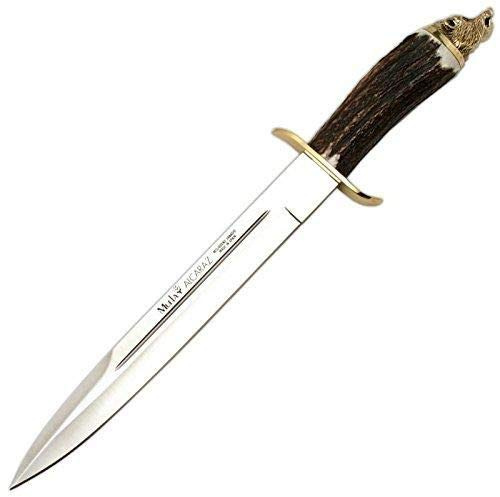 Muela Cuchillo ALCARAZ-26N hoja de acero ACX-380 de 26 cm y empuñadura de ciervo con pomo cabeza de jabali para Caza Realizado en Ciudad Real + Portabotellas de regalo