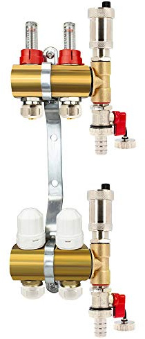 Millto™ Messing Heizkreisverteiler Fußbodenheizung 2 Heizkreise 16x3/4 PEX Rohr Adapter | Verteiler Entlüftungsset Automatische Entlüftung Flowmeter Thermostatventil Eurokonus