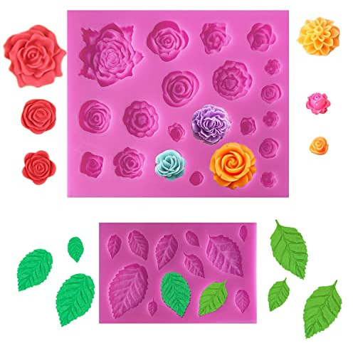 SIENON 33 Cavity Rose Flowers and Leaves Fondant Candy Silicone Molds For Sugarcraft, Cupcake Toppers, Soap, Polymer Clay, Crafting Projects, Wedding and Birthday Cake Decoration