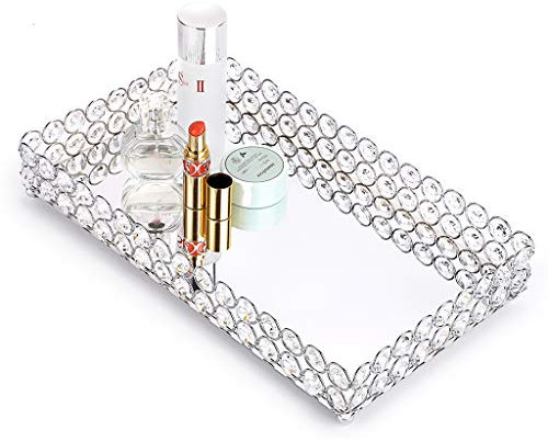 Hipiwe Crystal Cosmetic Vanity Tray, Mirrored Decorative Jewelry Organizer Tray for Perfume, Trinket, Makeup Display Dresser Home Decor (Large, Silver)