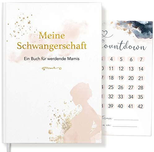 Meine Schwangerschaft ein Buch Golden Glamour Splash für werdende Mamis | Schwangerschaftstagebuch für Erinnerungen | Geschenk für Schwangere + Baby-Countdownkarte