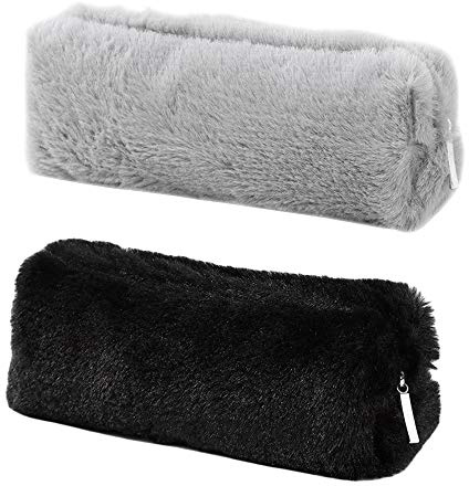 T&F Federmäppchen, 5 Farben, Federmäppchen, Mäppchen für Mädchen, süßes Plüsch, weich, flauschig, Federmäppchen, Kosmetiktasche, Stiftehalter (Grau+Schwarz)