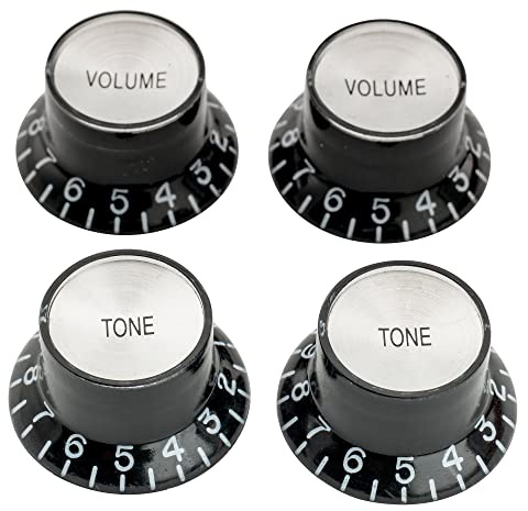 Musiclily Pro LinkshänderMetrische Größe 18 Splines 2 Volume 2 Tone Potiknopfe Top Hat Reflector Knobs Set für Epiphone Les Paul SG Style E-Gitarre, Schwarz mit Silber Top