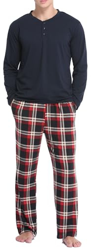 Vlazom Herren Pyjama Set Lang Zweiteiliger Schlafanzug Herren Kariert Flanell Hose und einfärbiger T-Shirt