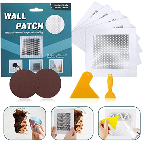 4'' By 4'' Wall Repair Patch, 5 Pcs Plasterboard Patch, Plaster Repair Kit, Safe Mend Plaster, Safe mend Drywall Adhesive, Filler For Walls Ceiling Hole, Self Adhesive Aluminum Mesh Wall Repair