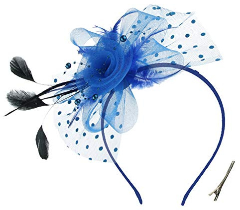OUHO Damen Fascinator Hut Blume Mesh Federn Clip Kopfschmuck Haarschmuck für Party Kirche Hochzeit Cocktail Jockey Club blau