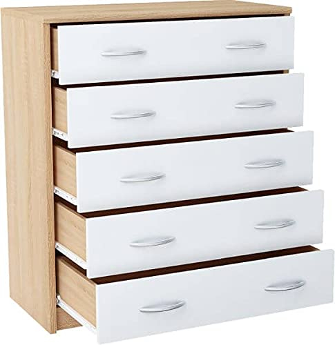 MATKAM Schubladen-Kommode 5S in moderner Optik, B 74 x H 85 x T 35 cm, laminierte Möbelplatte 16 mm, mit Rückwand, 5 Schubfächer, Jede mit Zwei Griffen zum Aufmachen (Sonoma Eiche – weiß)