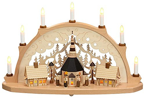 Rudolphs Schatzkiste Schwibbogen Spielzeugdorf Seiffen mit Kirche EL. Beleuchtung BxHxT 53x33x14cm NEU Lichterbogen Fensterbogen Spitzbogen Erzgebirge Weihnachten Bergbau Bergmann Licht Holz