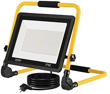 Aufun LED Baustrahler 200W, Baustellen Strahler Kaltweiß Arbeitsscheinwerfer LED Fluter Floodlight mit 3M Kabel, Standgestell und Tragegriff, Wasserdichtes IP66 Flutlichtstrahler für Garten, Garage