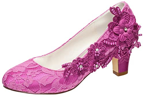 Emily Bridal Chaussures de mariée Femmes Soie comme du Satin Talon bottier Escarpins avec Couture Dentelle Une Fleur Cristal Pearl (EU35, Fuchsia)
