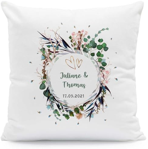 GRAVURZEILE Kissen mit Motiv - Flower Wedding - Personalisiert mit Namen & Datum - Herzliches Geschenk zur Hochzeit - Geschenk für Sie & Ihn zur Verlobung Valentinstag - Größe mit Füllung