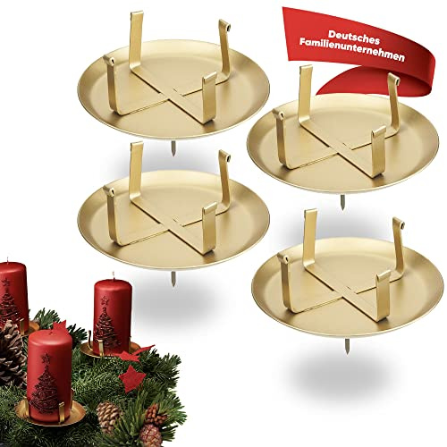WIKAKERZEN Adventskerzenhalter 4er Set – Gold, ohne Dorn – stabile Kerzenhalter für Adventskranz, LED & Wachskerzen – Kerzenstecker für Ø 8 cm Kerze