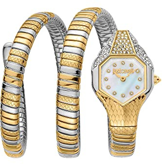 Just Cavalli Signature Snake Glam Evo 7 Doppelte Armbanduhr für Damen, Quarz, modisch