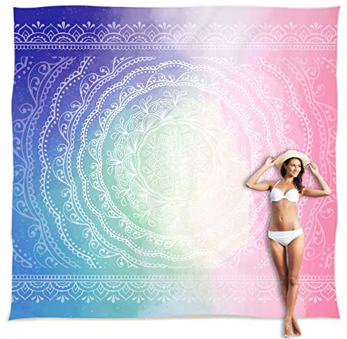 Sunlit Extra großes, sanddichtes Boho-Strandtuch, 3 x 2,7 m, sanddichte Matte mit Ecktaschen und Netztasche für Strandparty, Reisen, Camping und Outdoor-Musikfestival, Blau und Pink Rundes Mandala.