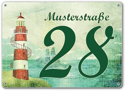 banjado® Hausnummernschild personalisierbar Motiv Alter Leuchtturm - Hausschild personalisiert Draußen mit Straßennamen möglich - Hausnummernschild Edelstahl versch. Motive - inkl. Montagematerial