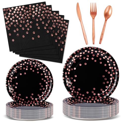 Nkaiso Anniversaire Vaisselle de fete 144 Pièces Noir et or rose Party Assiette Anniversaire Set Comprendre Papier Assiette Serviettesr pour Party Decoration -24 Invités