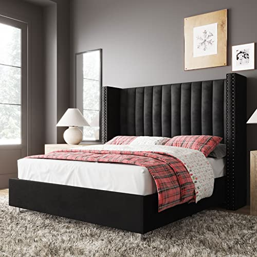 Jocisland Queen Size Upholstered Platform Bed Frame with Tall Wingback Headboard, Velvet Modern Luxury Design, No Box Spring Needed, Easy Assembly, Black
