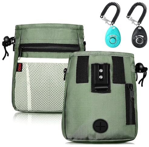 Dog Treat Pouch-3 Ways to Wear Treat Pouches for Pet Training and 2 Pieces Clicker Taining for Dogs,Dog Training Treat Pouch Bag and Dog Clicker for training with Waist Belt Shoulder Strap-Dark Green