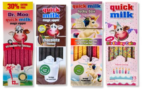 Quick Milk Magic Sipper Straws Pack of 4 Assorted Flavours - Strawberry Milk Straws, Chocolate Straws, Unicorn Banana and Forest Fruit and Birthday Cake Quick Milk Straws 13pk each by TGBK