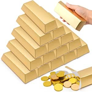 inheming 20 Stück Gefälscht Replik Goldbarren SüßIgkeiten Geschenkbox Goldene Gastgeschenkboxen Goldfolie Schatzziegel Casino Papierboxen Pirate Partyzubehör