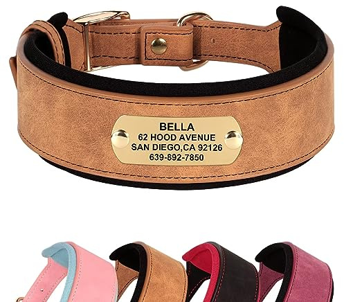 Didog Weiches, gepolstertes, personalisiertes Hundehalsband, breites Leder-Hundehalsband mit Namensschild, verstellbare Metallschnalle für mittelgroße und große Hunde, Braun, Größe XL